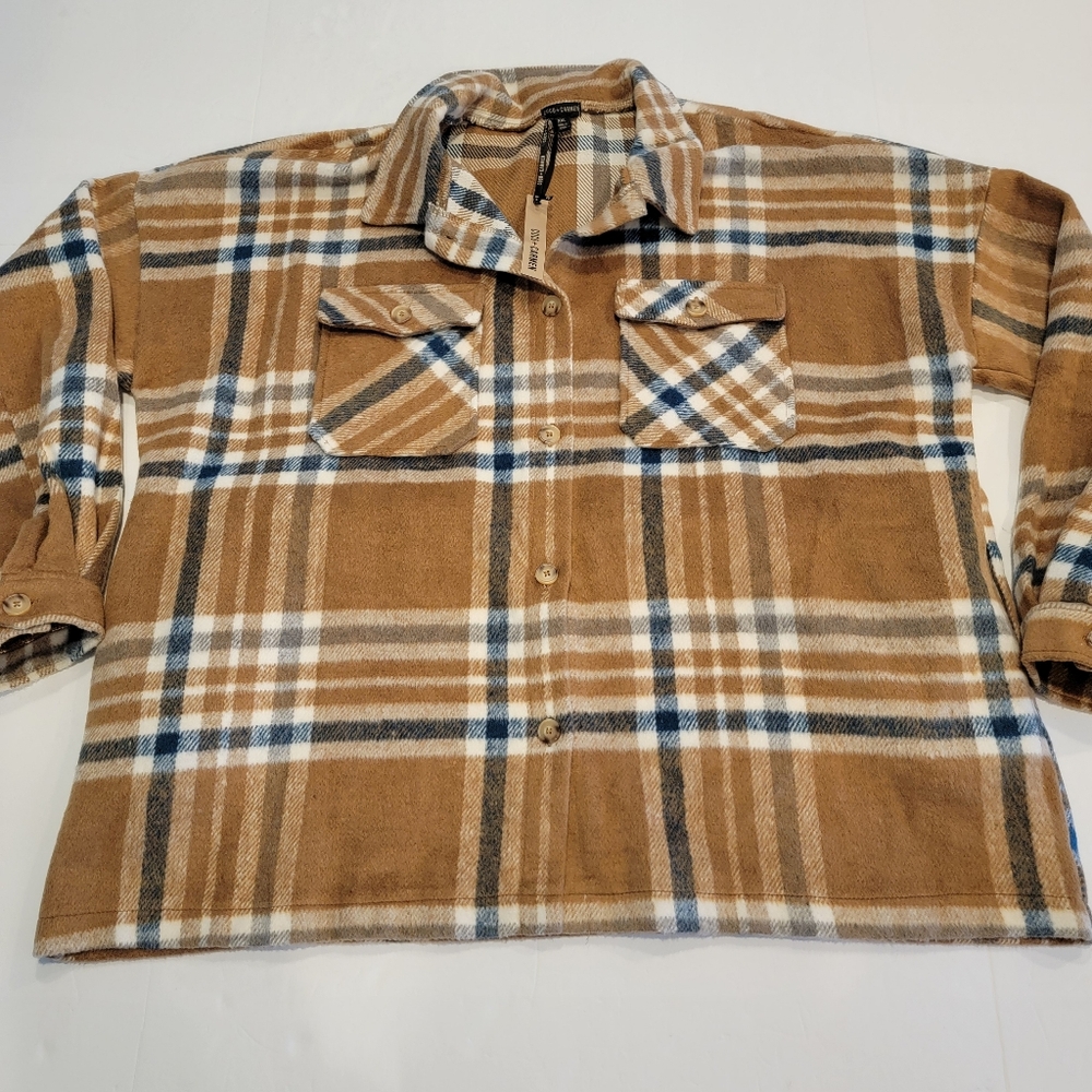 Coco + Carmen Brushed Plaid Shacket Size XXL Tan, Blue, Ivory Oatmeal NWT!